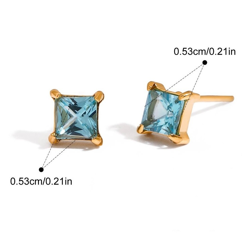 18K Gold Plated Blueโ Topaz Stud Earrings Princess Cut Stainless Steel December